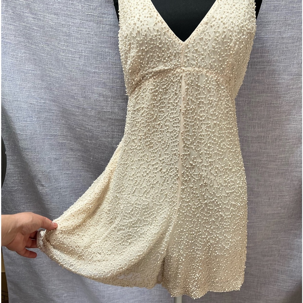 French connection sz 8 M romper jumpsuit short beige beaded summer beach mini